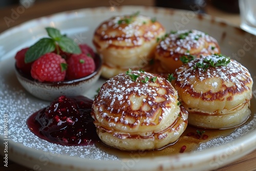 Denmark: Ableskiver Small, round pancakes filled with apples, dusted with powdered sugar, and served with raspberry jam photo