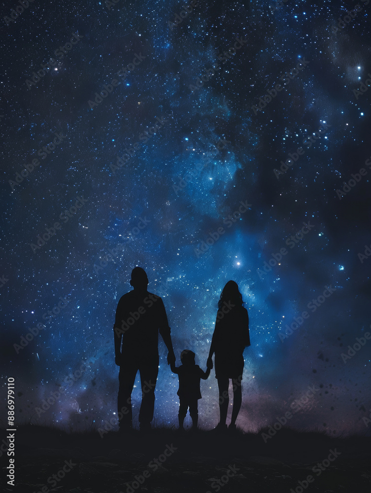 Silhouette of a mother with a father and a small child between them against the backdrop of a starry night. Parents hold their child's hands while dreaming about the future. Bright stars in the sky. Silhouette of a mother with a father and a small child between them against the backdrop of a starry night. Parents hold their child's hands while dreaming about the future. Bright stars in the sky.