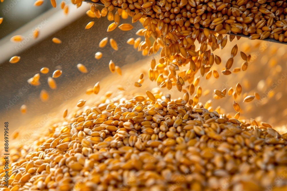 Obraz premium loading grain into a truck close-up. Soybeans are loaded for transportation. Concept of harvesting. Slow mo Close up. Beautiful simple AI generated image in 4K, unique.