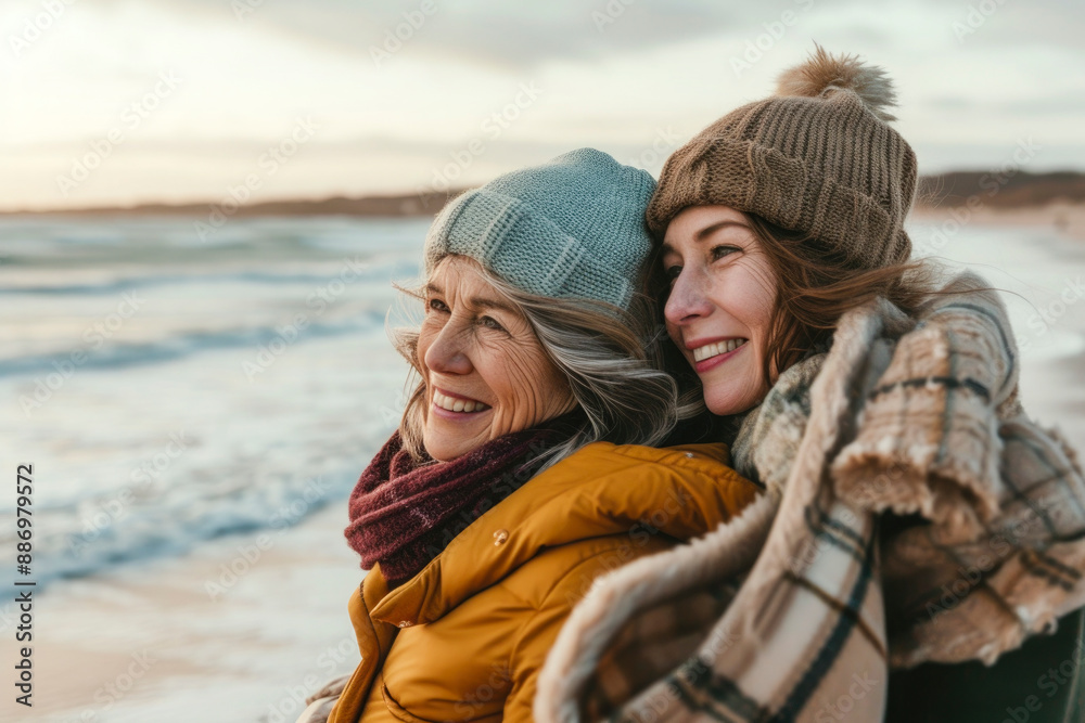 Senior Woman And Her Daughter On The Beach On A Winter Day. Senior Woman And Her Daughter On The Beach On A Winter Day.