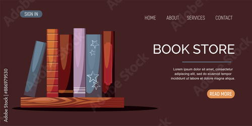 Books store web page. Group of books on a wooden bookshelf.