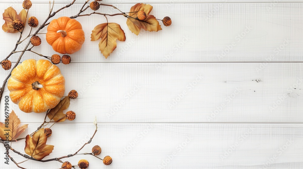 A white pumpkin and an orange pumpkin with autumn leaves and berries on a white wooden background A white pumpkin and an orange pumpkin with autumn leaves and berries on a white wooden background