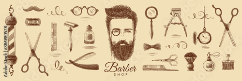 Vintage sketch collection for Barbershop. Man's head with a beard, tools, razors, scissors. Hand-drawn. Vintage brown and beige old design. Line graphics.
