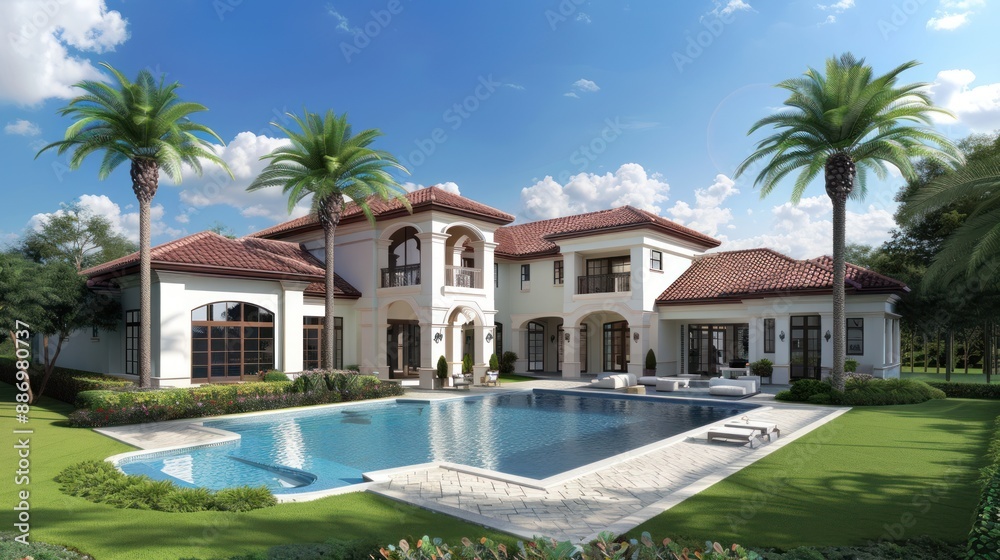 A luxurious modern mansion with a large swimming pool and surrounded by lush green lawn and tall palm trees, under a bright blue sky with scattered clouds. A luxurious modern mansion with a large swimming pool and surrounded by lush green lawn and tall palm trees, under a bright blue sky with scattered clouds.
