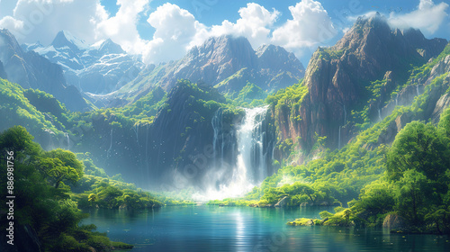 A beautiful waterfall in a mountain valley