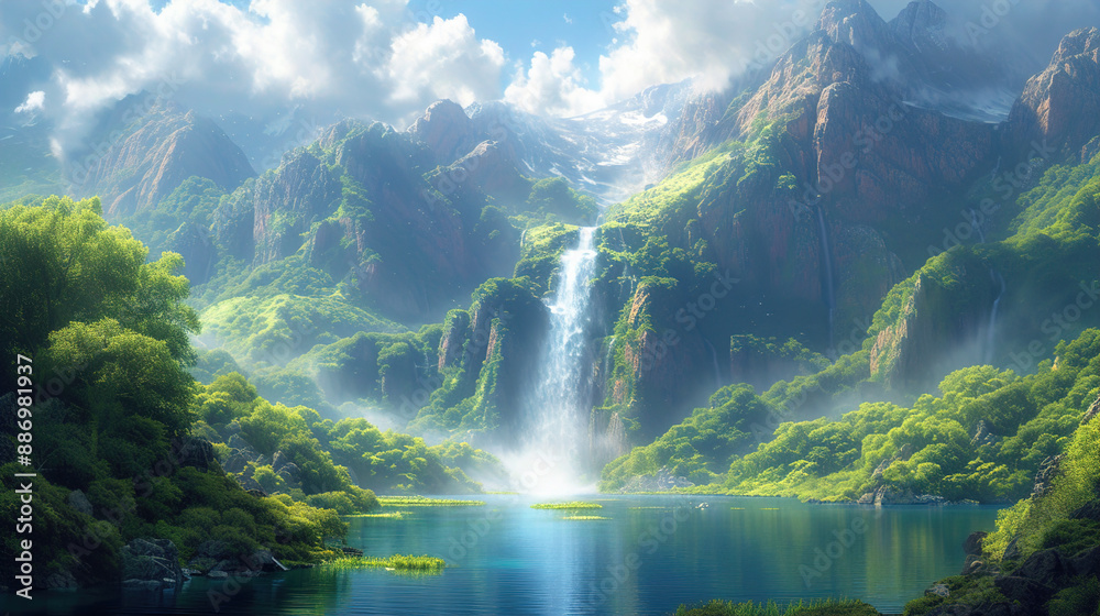 A beautiful waterfall in a mountain valley A beautiful waterfall in a mountain valley