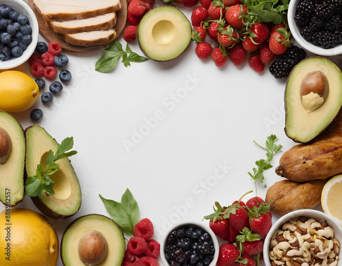 Healthy Food Frame: Assorted Nutritious Ingredients on a White Background