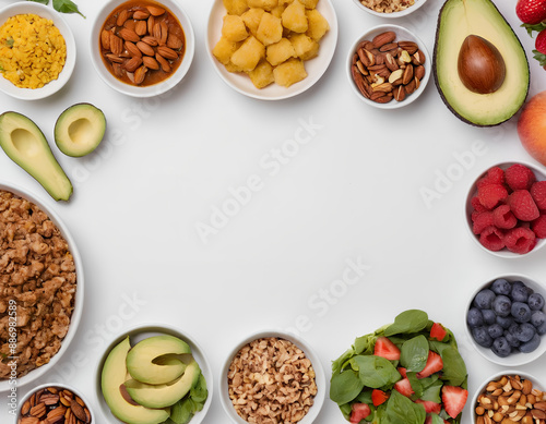 Healthy Food Frame: Assorted Nutritious Ingredients on a White Background