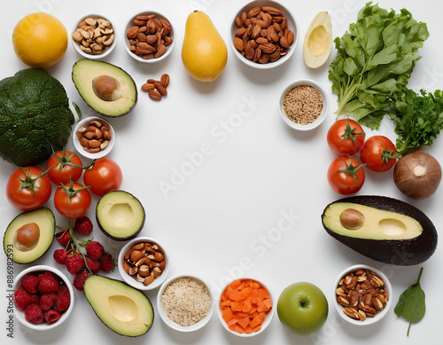 Healthy Food Frame: Assorted Nutritious Ingredients on a White Background