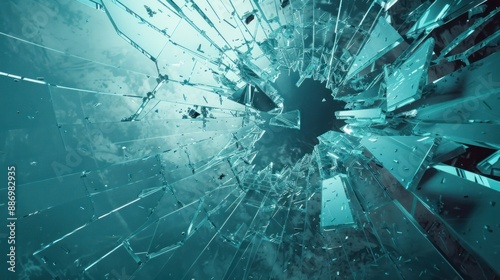 A close-up view of a large glass pane with a central hole and numerous cracks radiating outward, capturing a moment of impactful force and fragmentation.