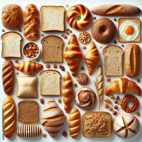 Delicious Bread and Pizza Assortment: Flat Lay of Various Baked Goods