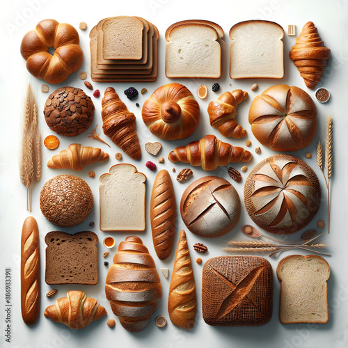 Delicious Bread and Pizza Assortment: Flat Lay of Various Baked Goods