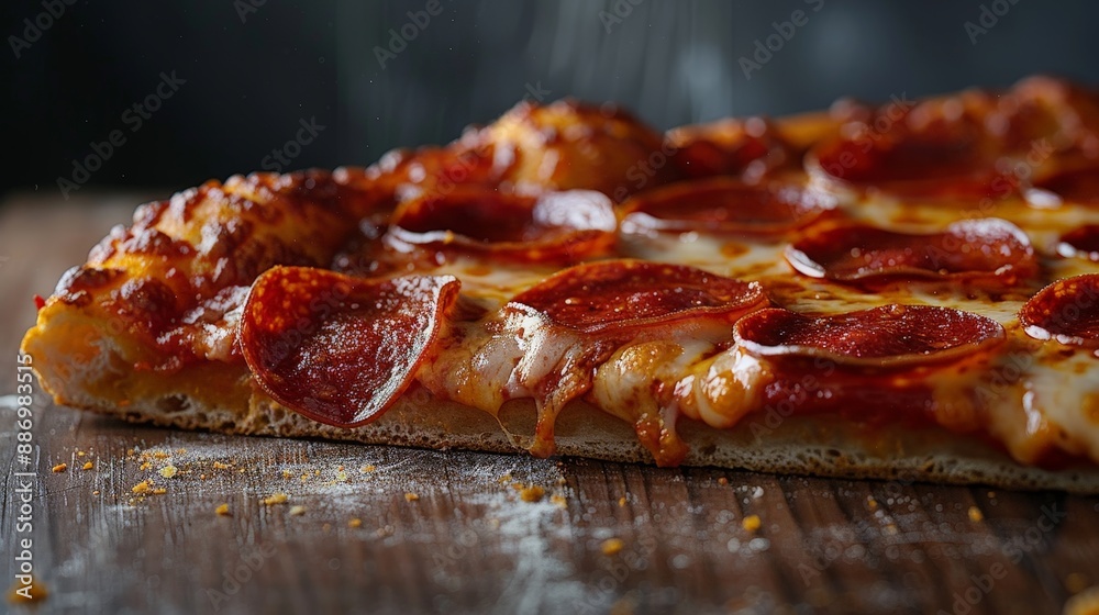 Slice of pepperoni pizza with gooey cheese Slice of pepperoni pizza with gooey cheese
