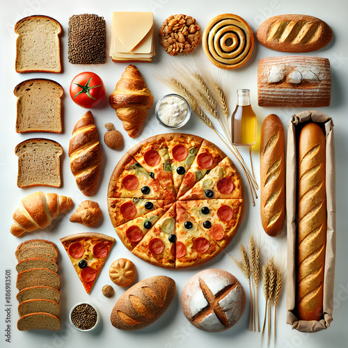 Delicious Bread and Pizza Assortment: Flat Lay of Various Baked Goods