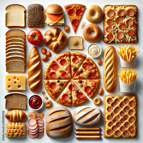 Delicious Bread and Pizza Assortment: Flat Lay of Various Baked Goods