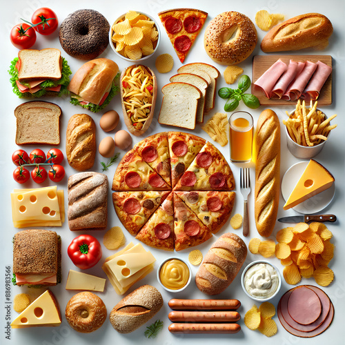 Delicious Bread and Pizza Assortment: Flat Lay of Various Baked Goods