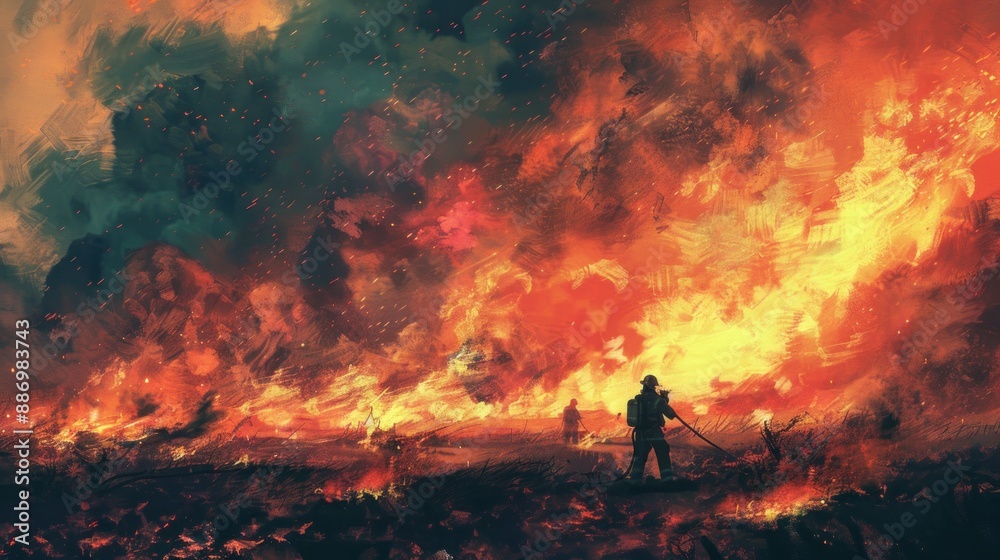 A firefighter faces an immense wildfire alone, with widespread flames and thick smoke in the background, symbolizing bravery and the harsh realities of wildfire management. A firefighter faces an immense wildfire alone, with widespread flames and thick smoke in the background, symbolizing bravery and the harsh realities of wildfire management.
