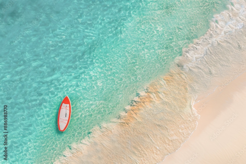 Fototapeta premium Paddling on a SUP board on a lake at sunny day. Stand up paddle boarding - awesome active outdoor recreation.. Beautiful simple AI generated image in 4K, unique.