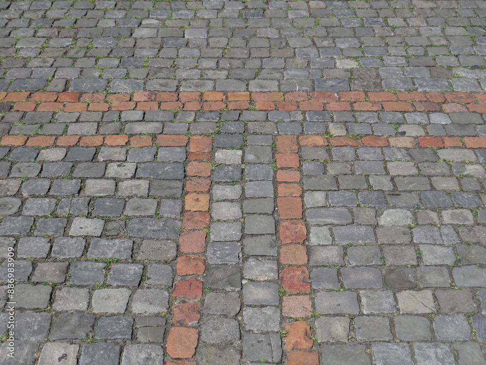 Fototapeta premium Traditional pavement with grey and red cobblestones in the historic centre of Geneva. Switzerland.