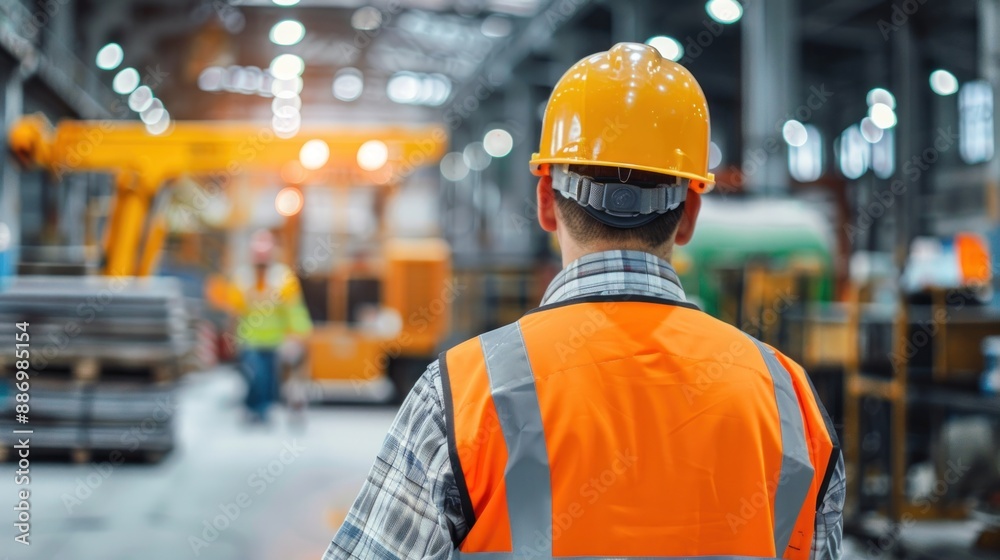 A construction worker wearing an orange safety vest and a helmet is standing inside an industrial warehouse, with various machinery and equipment visible in the background.