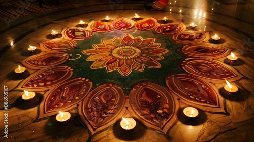 A large rangoli with traditional Indian patterns and multiple diyas, perfect for Diwali celebration images photo