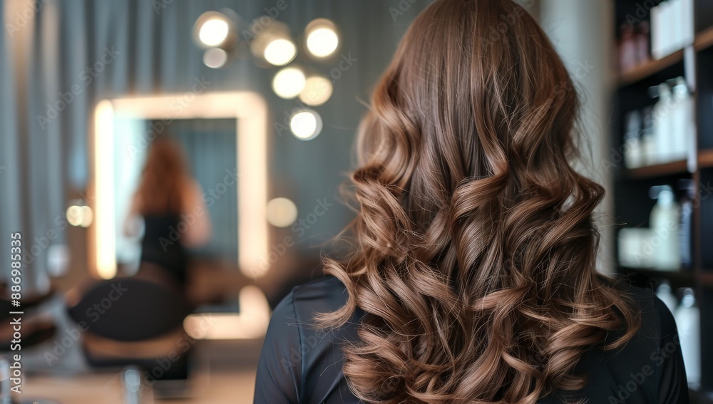 Fototapeta premium Back of woman's head with long, red black wavy straight hair in an elegant salon setting. The focus is on her hairstyle and color Perfectly styled blonde curls, showcasing hair beauty and care.