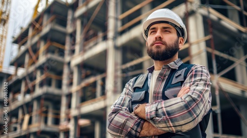 Construction worker wearing a helmet and plaid shirt, standing with arms crossed in front of a multi-story building under construction, symbolizing industry resilience.