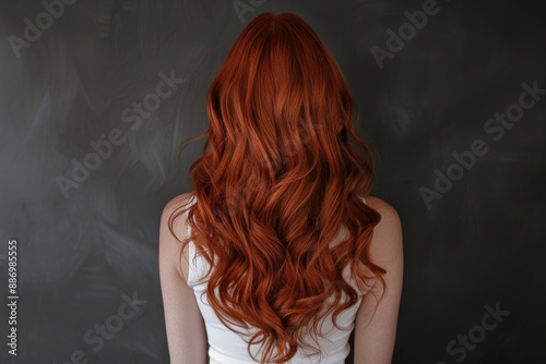 Back of woman's head with long, red black wavy straight hair in an elegant salon setting. The focus is on her hairstyle and color Perfectly styled blonde curls, showcasing hair beauty and care.