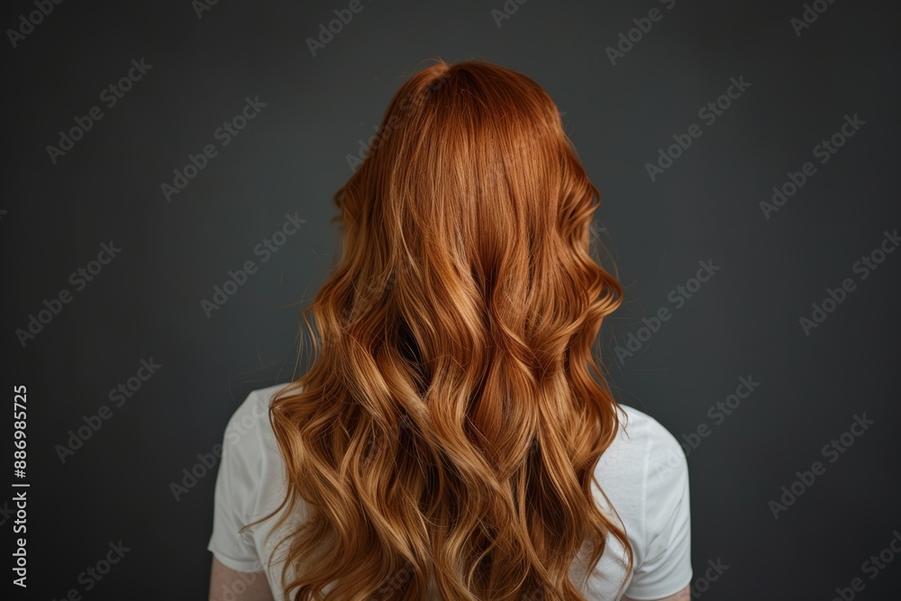 Fototapeta premium Back of woman's head with long, red black wavy straight hair in an elegant salon setting. The focus is on her hairstyle and color Perfectly styled blonde curls, showcasing hair beauty and care.