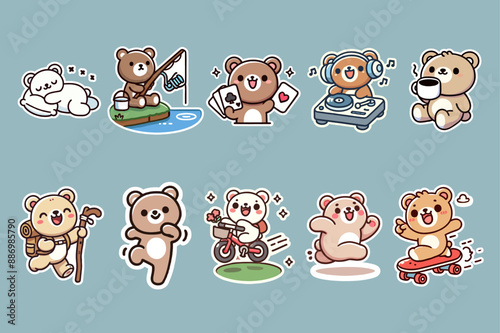 Cute cartoon panda stickers with doing something bear, perfect for children’s products, stationery, educational materials, merchandise and playful designs