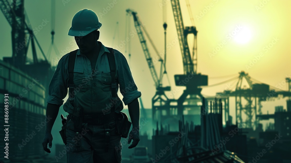 A worker in safety gear, including a hard hat and harness, is silhouetted against a sunset at an active construction site with cranes in the background. A worker in safety gear, including a hard hat and harness, is silhouetted against a sunset at an active construction site with cranes in the background.