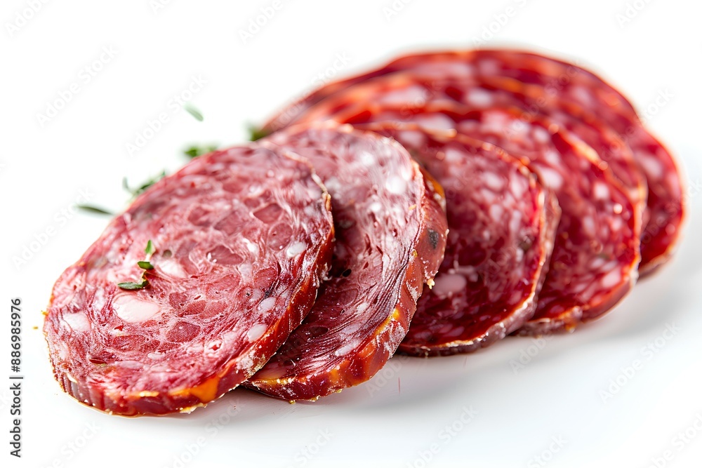 A pile of sliced meat sitting on top of a white surface A pile of sliced meat sitting on top of a white surface