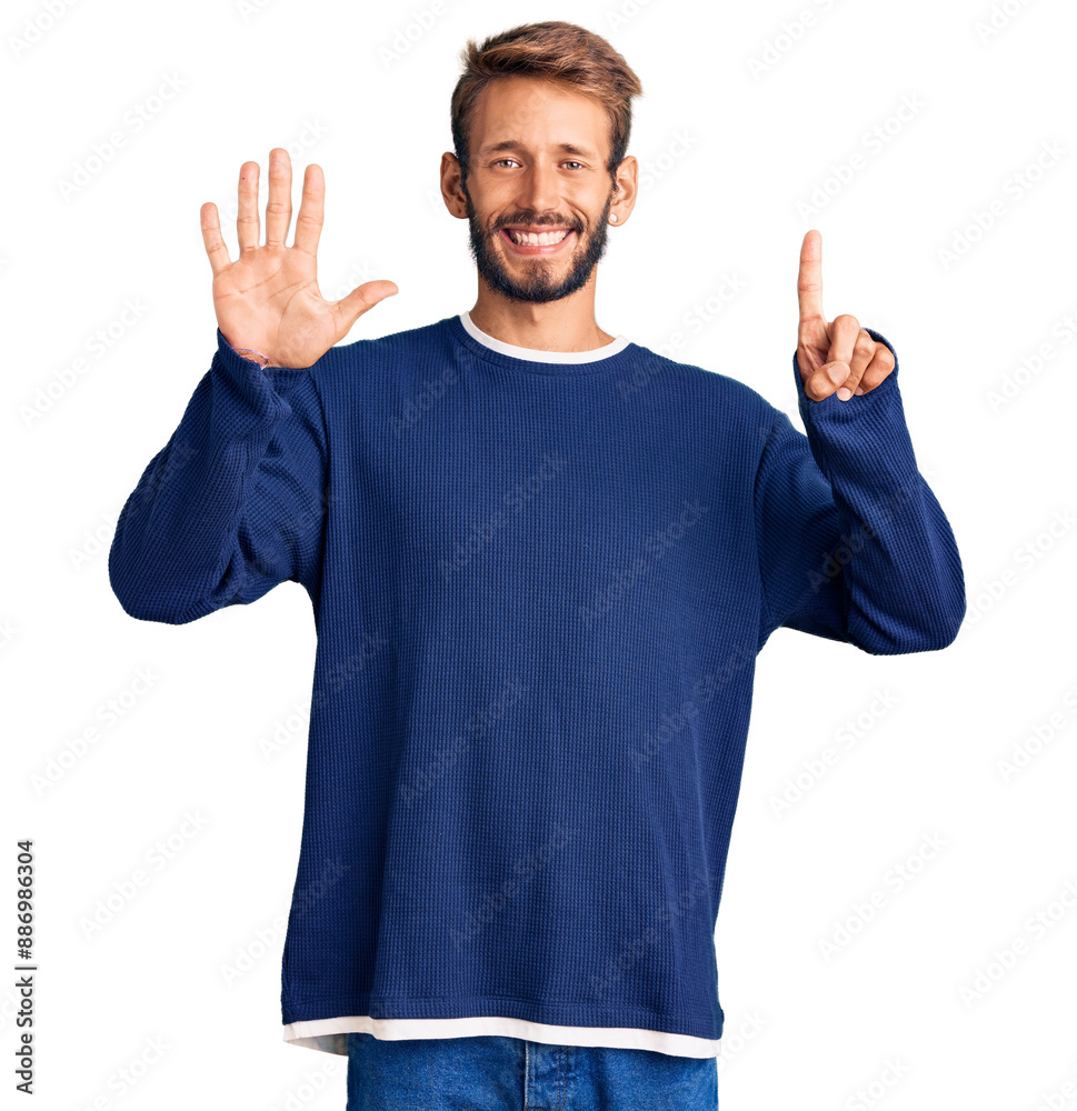 Handsome blond man with beard wearing casual sweater showing and pointing up with fingers number six while smiling confident and happy. Handsome blond man with beard wearing casual sweater showing and pointing up with fingers number six while smiling confident and happy.
