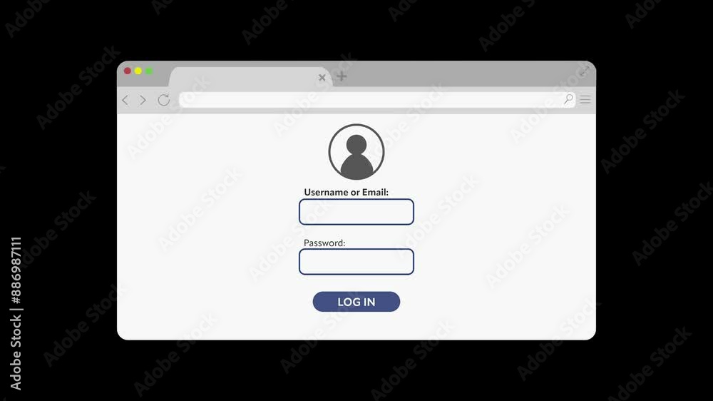 Interface for entering username or email and password in a browser window. Signing into an account on a website. Black background. Interface for entering username or email and password in a browser window. Signing into an account on a website. Black background.
