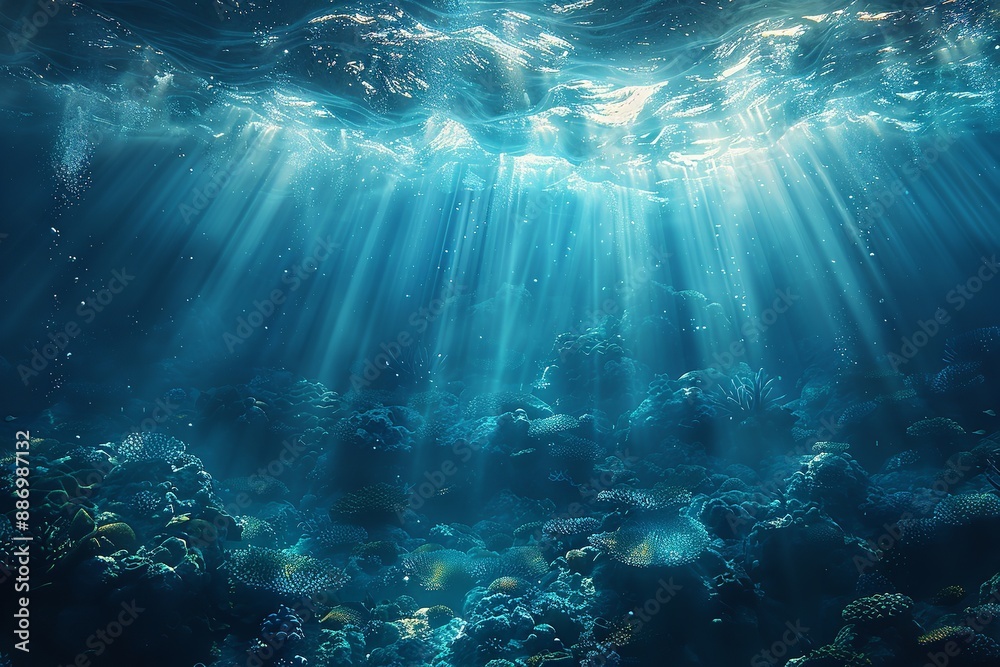 A clipart depicting underwater scenery with sunlight rays illuminating the ocean floor. High-definition wallpaper. A clipart depicting underwater scenery with sunlight rays illuminating the ocean floor. High-definition wallpaper.