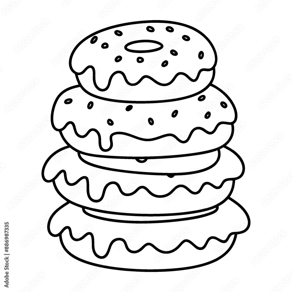A coloring page with a black-and-white line design of a stack of donuts. A coloring page with a black-and-white line design of a stack of donuts.