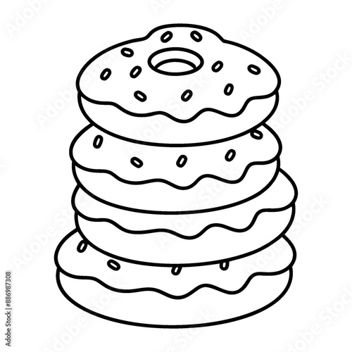 A coloring page with a black-and-white line design of a stack of donuts.