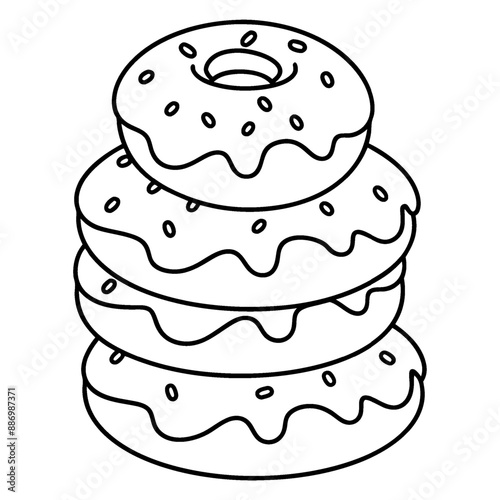 A coloring page with a black-and-white line design of a stack of donuts.