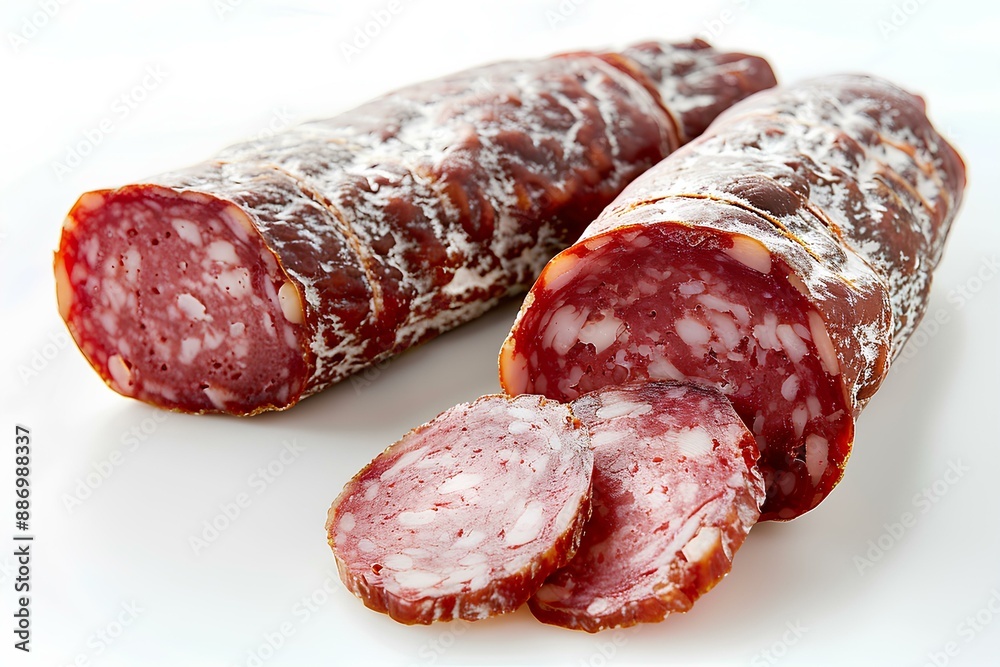 Two slices of salamii on a white plate Two slices of salamii on a white plate
