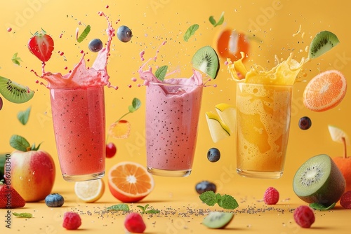 Smoothies in mid-air with fruits and veggies swirling around