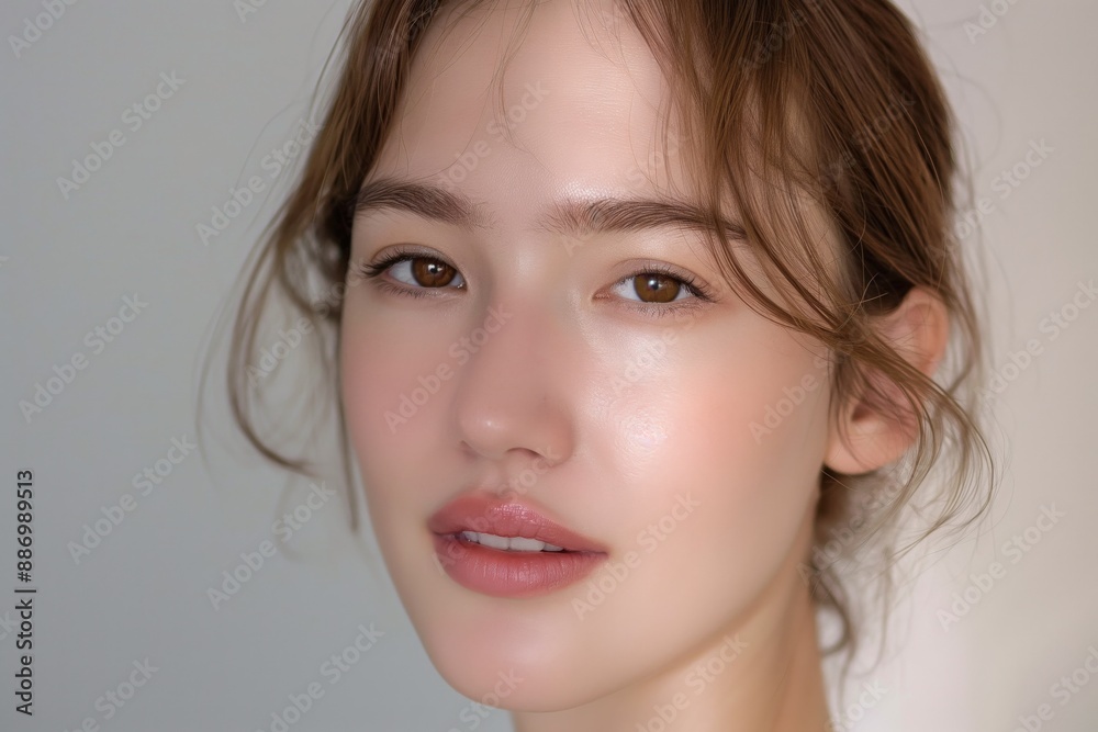 close up face portrait of young pretty Asian woman with bright flawless skin, beauty cosmetic or skincare fashion portrait with copy space close up face portrait of young pretty Asian woman with bright flawless skin, beauty cosmetic or skincare fashion portrait with copy space