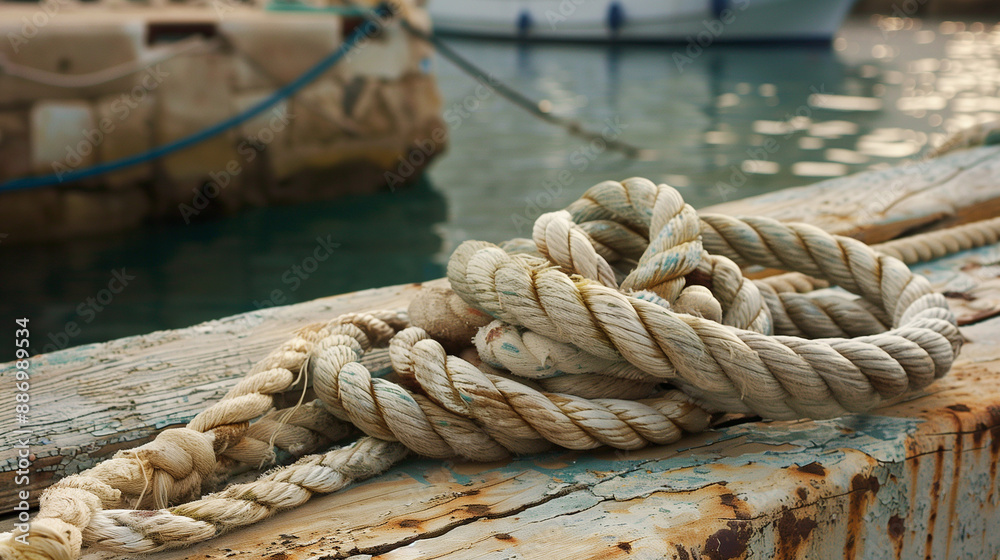 Fototapeta premium A tied rope on a fishing pier carefully woven, with the stories and secrets of the sea woven into it, reflecting the hard work and passion of local fishermen.