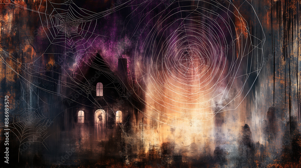 Obraz premium Mysterious Haunted House with Spider Webs on Dark Spooky Background