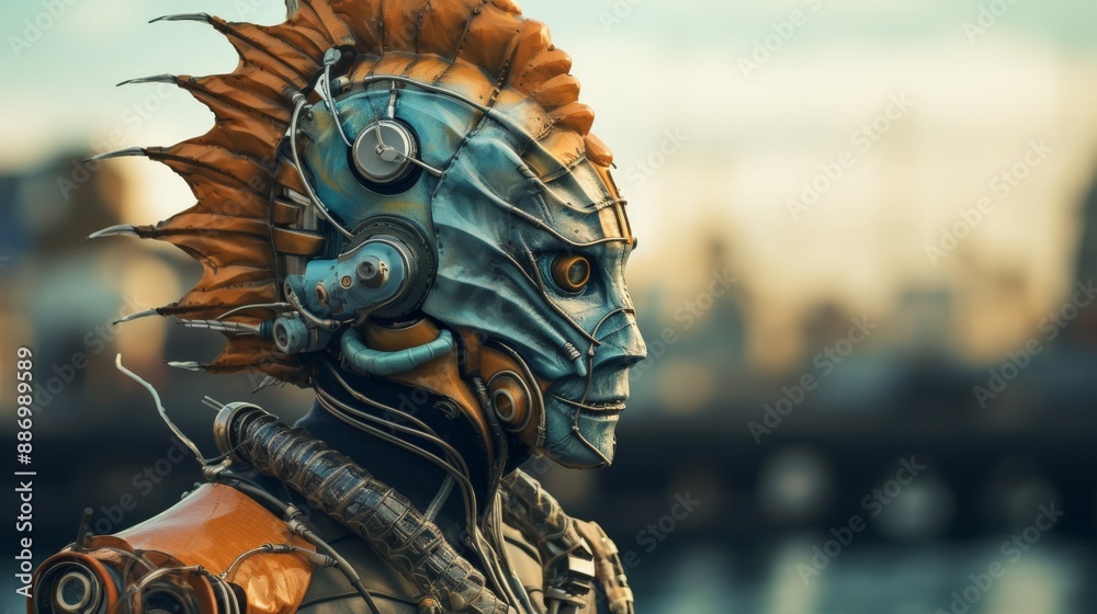 Fototapeta premium A cyborg superhero stands in a city