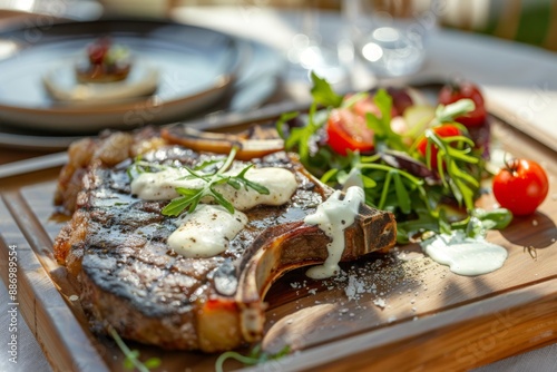 Grilled steak with arugula salad, cherry tomatoes, and creamy sauce on a wooden plate.