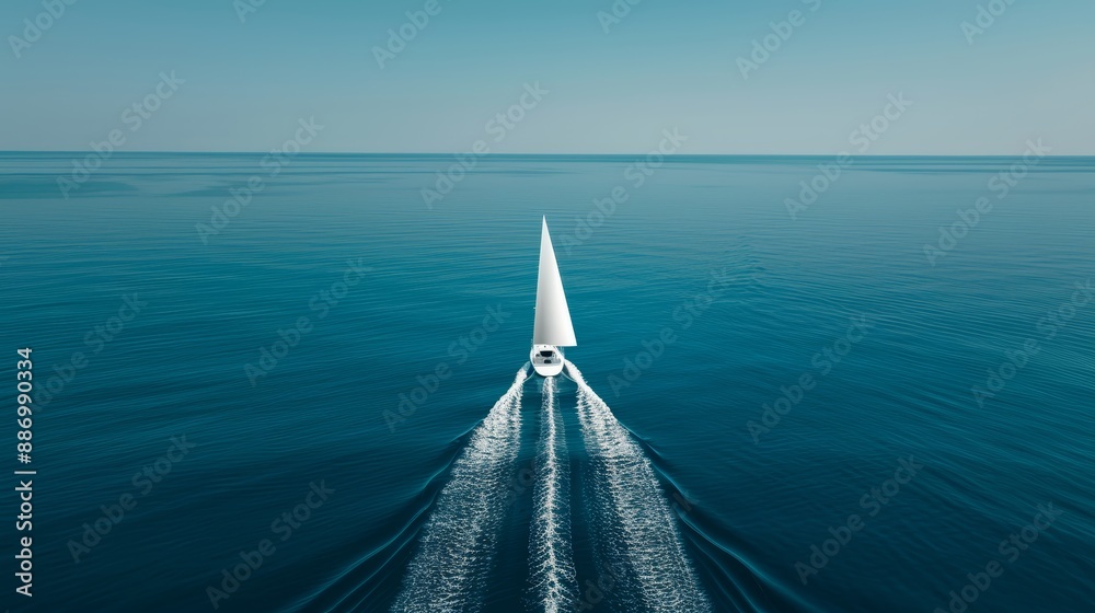 Obraz premium Hyper-detailed drone capture of a lone sailboat in vast ocean, wake patterns, high-resolution photo, realistic photo, cinematography