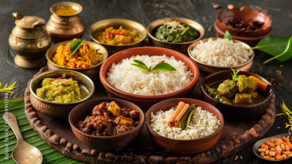 Onam Sadya is an authentic expression of Kerala cuisine served on the day of Onam festival. This vegetarian meal consists of a variety of dishes that are harmoniously combined on banana leaves. Onam Sadya is an authentic expression of Kerala cuisine served on the day of Onam festival. This vegetarian meal consists of a variety of dishes that are harmoniously combined on banana leaves.