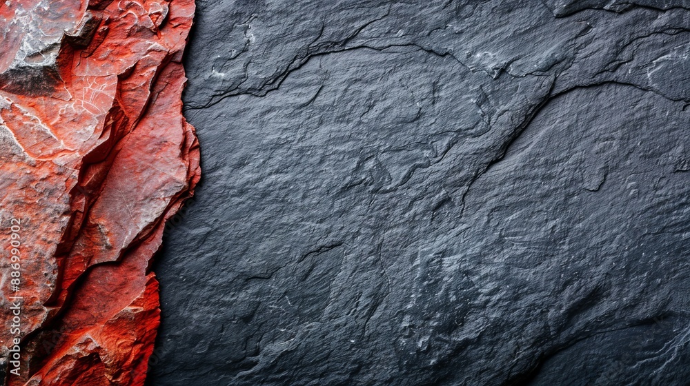 A red and black rock wall in close-up against a black and white background, featuring a distinct red stripe A red and black rock wall in close-up against a black and white background, featuring a distinct red stripe