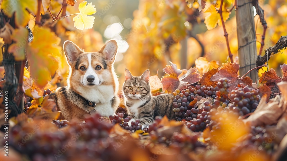 A cute corgi dog and a striped cat sitting in an autumn garden amidst bright, multicolored grape leaves on a sunny day. A cute corgi dog and a striped cat sitting in an autumn garden amidst bright, multicolored grape leaves on a sunny day.