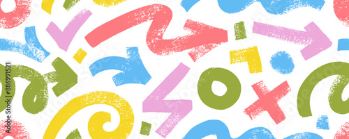 Freehand colorful bold curved lines, spirals and thick brush drawn arrows seamless pattern.
